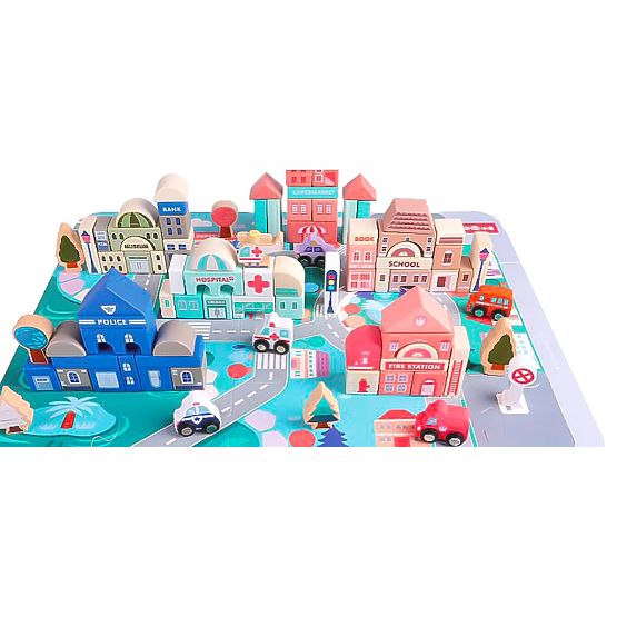 Lesene izobraževalne kocke mesto s podlogo 115 kosov ECOTOYS