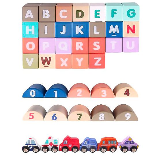 Lesene izobraževalne kocke mesto s podlogo 115 kosov ECOTOYS