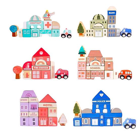 Lesene izobraževalne kocke mesto s podlogo 115 kosov ECOTOYS