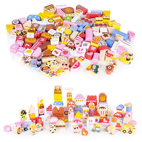 Lesene izobraževalne kocke set - Sladkorno mesto 116 kos ECOTOYS