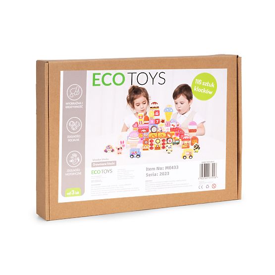 Lesene izobraževalne kocke set - Sladkorno mesto 116 kos ECOTOYS