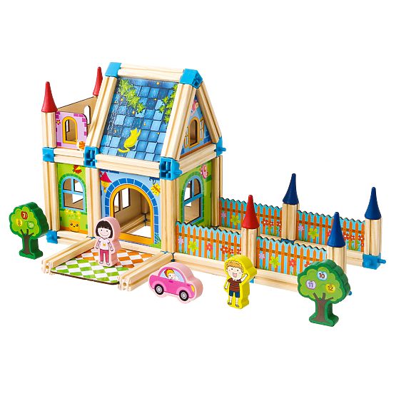Lesene konstrukcijske kocke za gradnjo hiške 6v1 ECOTOYS