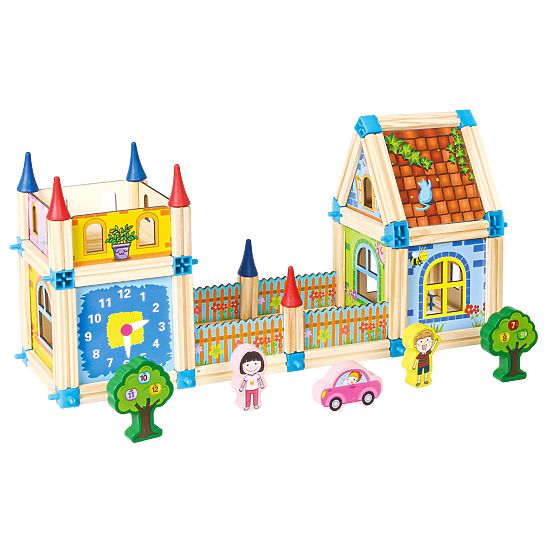 Lesene konstrukcijske kocke za gradnjo hiške 6v1 ECOTOYS