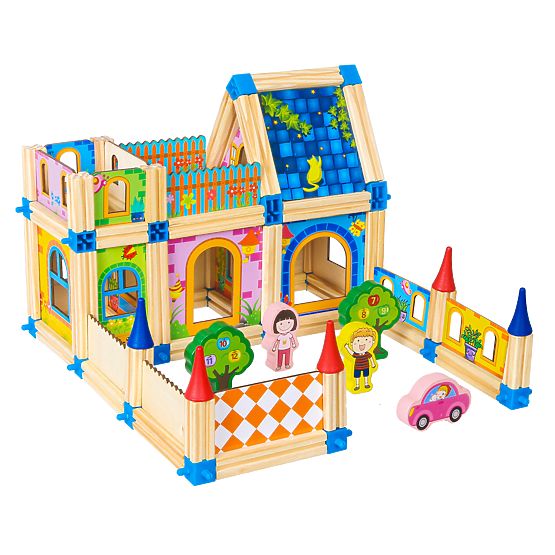 Lesene konstrukcijske kocke za gradnjo hiške 6v1 ECOTOYS