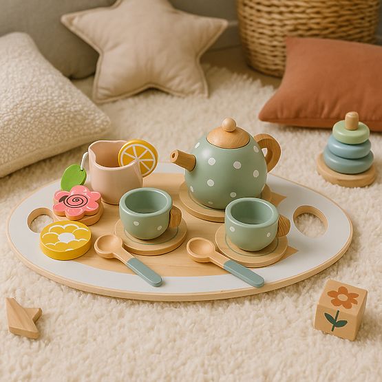 Leseni čajni set čajnik in skodelice 14 kosov ECOTOYS