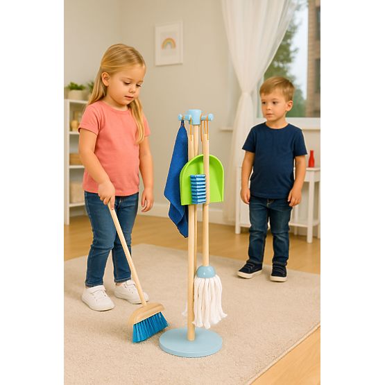 Leseni komplet za čiščenje za otroke mop metla z lopatko 7 elementov ECOTOYS