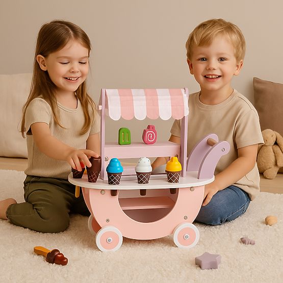 Leseni voziček sladoledarna za otroke trgovina 12 elementov ECOTOYS