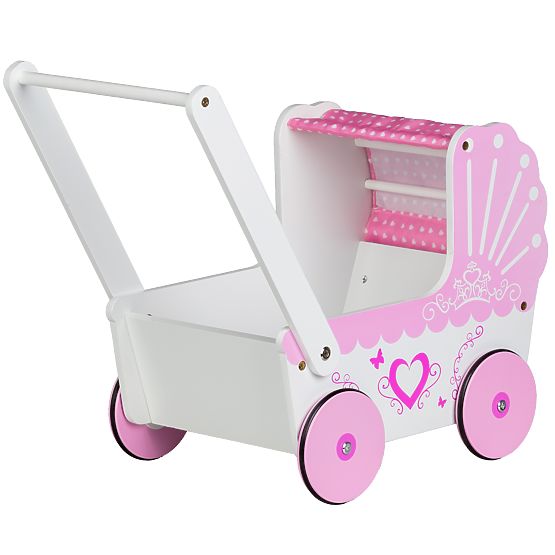 Leseni voziček za punčke s baldahinom ECOTOYS