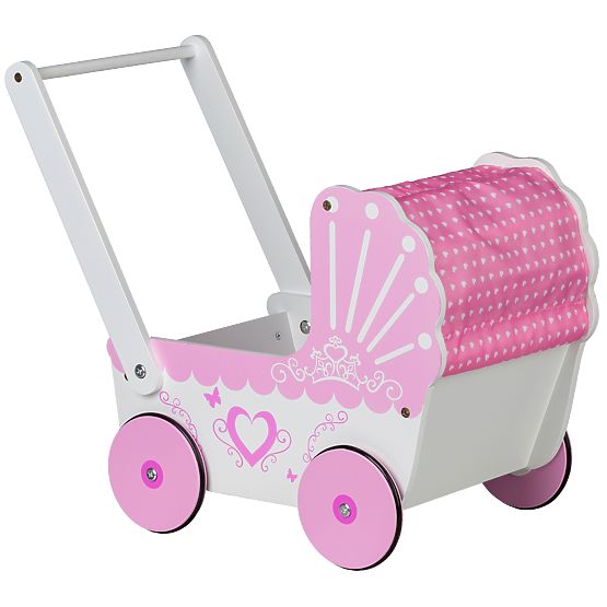 Leseni voziček za punčke s baldahinom ECOTOYS