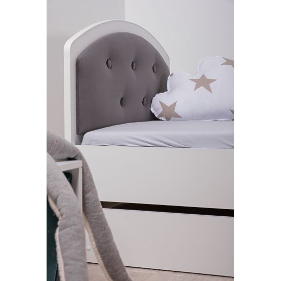 Oblazinjena postelja Luna z ograjo - temno siva