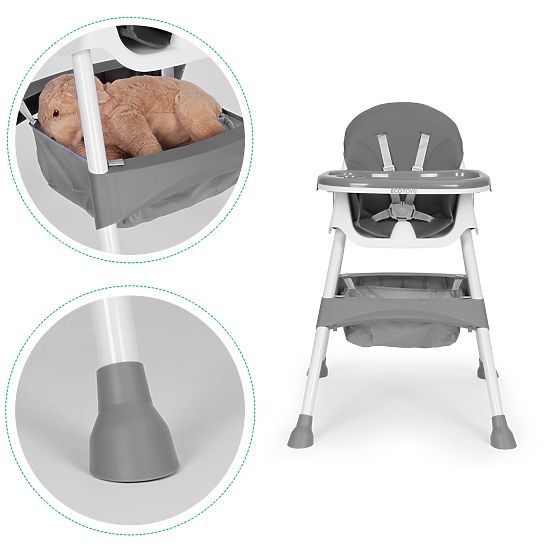 Otroški jedilni stolček s pladnjem, košem, 5-točkovnimi pasovi, siv ECOTOYS