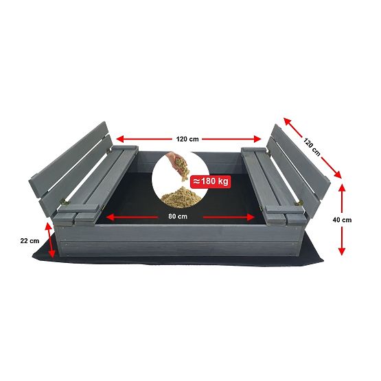 Zaprt peskovnik s klopmi 120x120 cm - siv