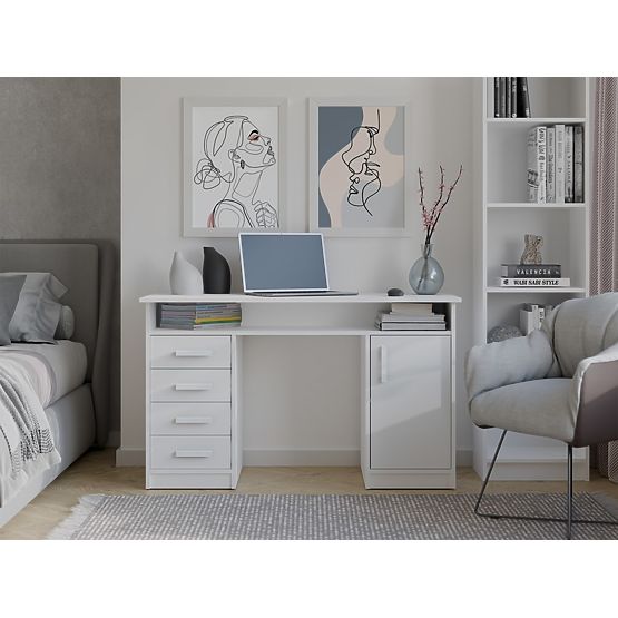 PISALNA MIZA ADA BELA 125 cm 4 PREDALI OMARICA POLICE ZA PISARNO SOBE ZA PRENOSNI RAČUNALNIK