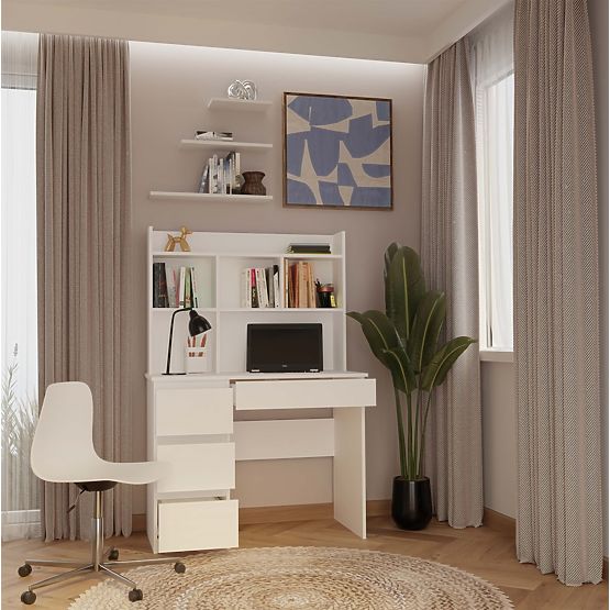 Pisalna miza MIJAS Leva z Nadgradnjo Mat Bela 4 Predali 4 Police za Pisarno Sobe