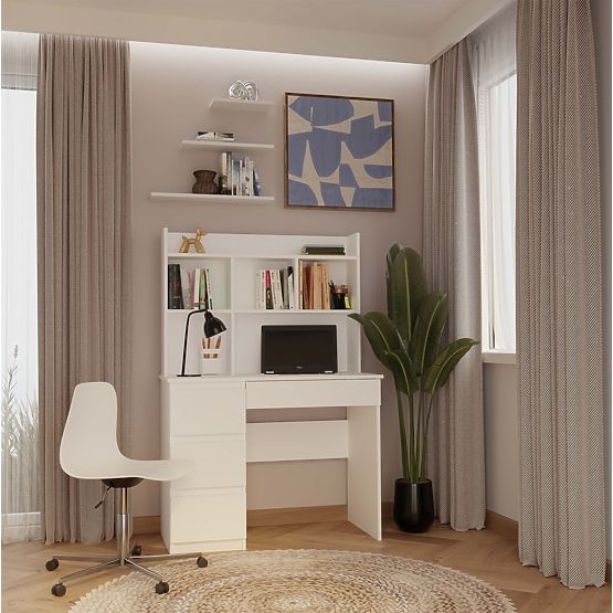 Pisalna miza MIJAS Leva z Nadgradnjo Mat Bela 4 Predali 4 Police za Pisarno Sobe