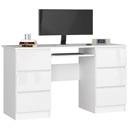 RAČUNALNIŠKA MIZA A-11 135 cm 6 PREDALOV PK BELA / BELI SIJAJ