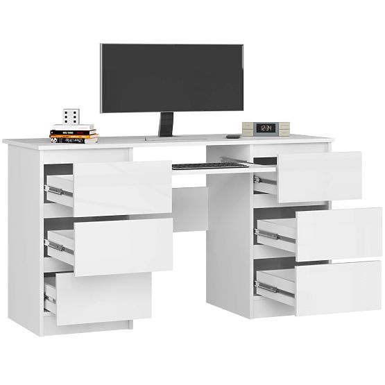 RAČUNALNIŠKA MIZA A-11 135 cm 6 PREDALOV PK BELA / BELI SIJAJ