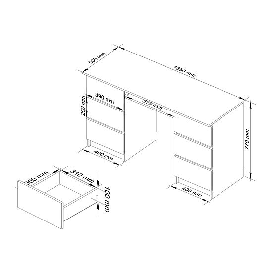 Računalniška miza A-11 135 cm 6 predalov PK bela-grafit siva