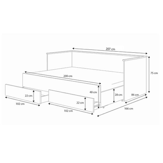 Raztegljiva postelja HELIOS z dvema predaloma brez vzmetnice 200x80/200x160