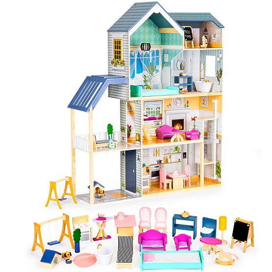 Velika lesena hišica za punčke 138 cm Rezidenca Maya 28 kosov ECOTOYS