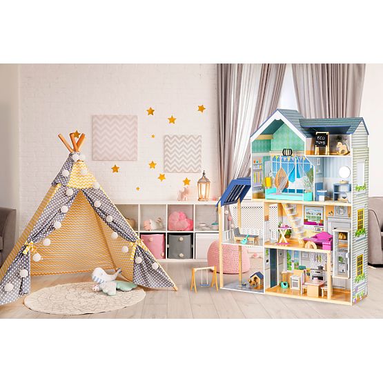 Velika lesena hišica za punčke 138 cm Rezidenca Maya 28 kosov ECOTOYS