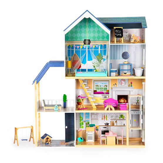 Velika lesena hišica za punčke 138 cm Rezidenca Maya 28 kosov ECOTOYS
