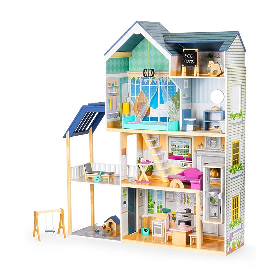 Velika lesena hišica za punčke 138 cm Rezidenca Maya 28 kosov ECOTOYS