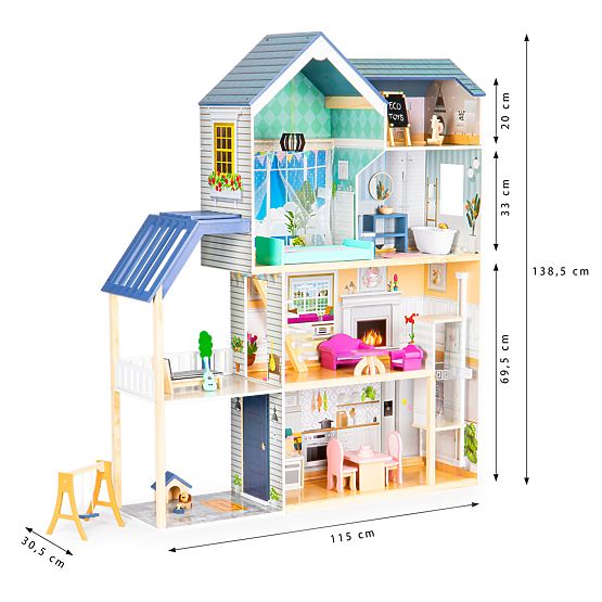 Velika lesena hišica za punčke 138 cm Rezidenca Maya 28 kosov ECOTOYS