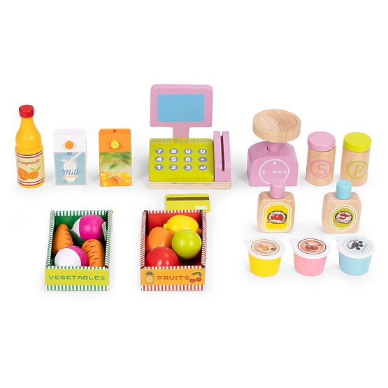 Velika lesena stojnica za otroke trgovina s terminalom in tehtnico sadje zelenjava 20 elementov ECOT