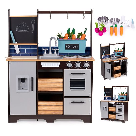 Velika lesena kuhinja za otroke s stojalom za zelenjavo in dodatki ECOTOYS