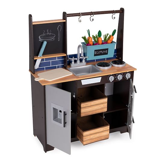 Velika lesena kuhinja za otroke s stojalom za zelenjavo in dodatki ECOTOYS
