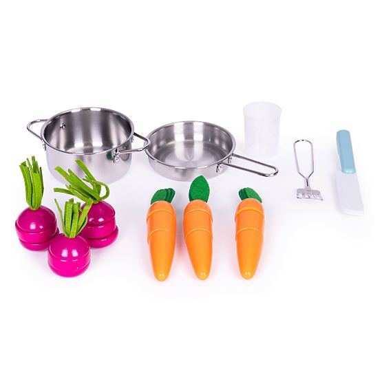 Velika lesena kuhinja za otroke s stojalom za zelenjavo in dodatki ECOTOYS