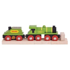 Bigjigs Rail Zelena lokomotiva s tenderjem + 3 tirnice