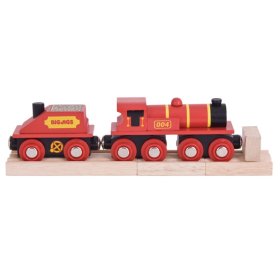 Bigjigs Rail Rdeča lokomotiva s tenderjem + 3 tirnice, Bigjigs Rail