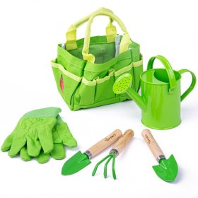 Bigjigs Toys Garnitura vrtnega orodja v platneni torbi zelene barve