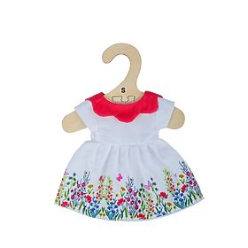 Bigjigs Toys Beli cvetlični obleki z rdečim ovratnikom za punčko 25 cm