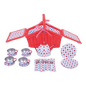 Bigjigs Toys Piknik komplet čajnega servisa s pikami v košari