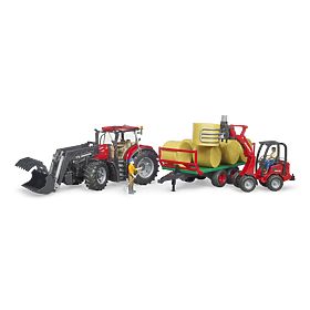 Bruder traktor Case IH Optum 300 CVX s čelnim nakladalnikom in prevoznikom za bale