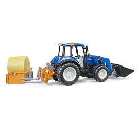 Bruder traktor New Holland T5.120 s čelnim nakladačem, prikolico, vilicami in okroglim balom
