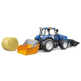 Bruder traktor New Holland T5.120 s čelnim nakladačem, prikolico, vilicami in okroglim balom