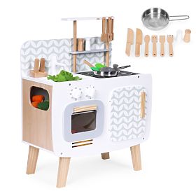 Lesena otroška kuhinja retro pečica gorilniki umivalnik kuhinjski dodatki ECOTOYS, EcoToys
