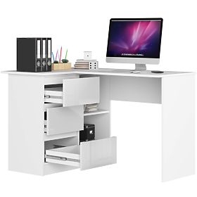 KOTNI PISALNA MIZA B16 124 cm LEVA 3 PREDALI PK BELA / BELI SIJAJ