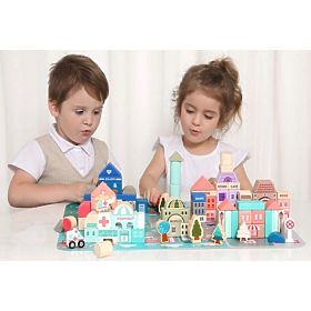 Lesene izobraževalne kocke mesto s podlogo 115 kosov ECOTOYS