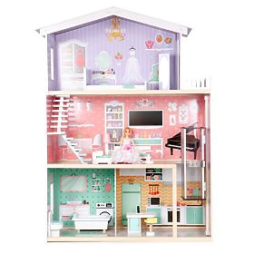 Velika lesena hišica za punčke z gibljivim dvigalom in pohištvom ECOTOYS