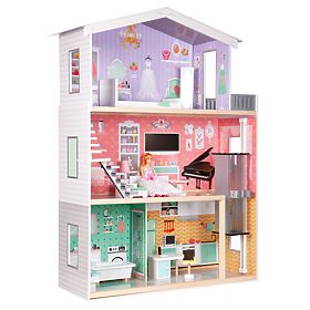 Velika lesena hišica za punčke z gibljivim dvigalom in pohištvom ECOTOYS