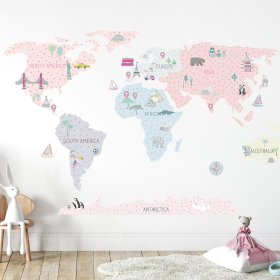 Stenska nalepka Zemljevid sveta - roza